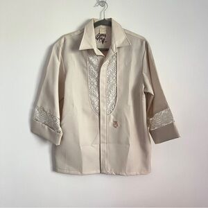 Vintage Lolani Beau Tiki Hawaiian Shirt Cream Beige Lace Men’s Size Medium
